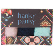Hanky Panky Signature Lace – 3 pary stringów z niskim stanem – Rumiany róż/Granat/Celeste Blue