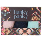 Stringi Hanky Panky Signature Lace – 3 pary oryginalnych stringów z wysokim stanem – Rumiany róż/Granat/Celeste Blue