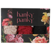 Stringi Hanky Panky Signature Lace – 3 pary oryginalnych stringów z wysokim stanem – Chai/Czarny/Ciemny Granat