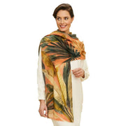 Powder Wool Wrap Painted Palms Scarf - Tangerine